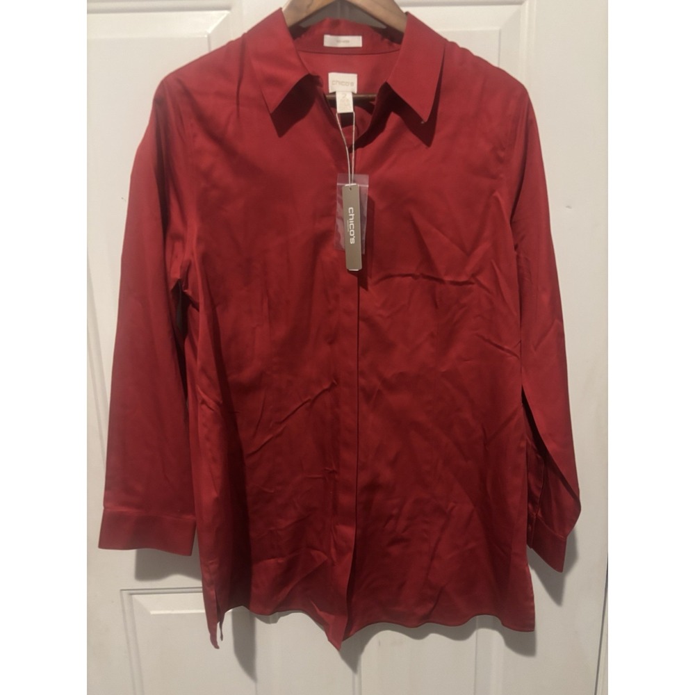 NWT Chico's Blouse Women's Top Button Up Long Sleeve Red Work No Iron
